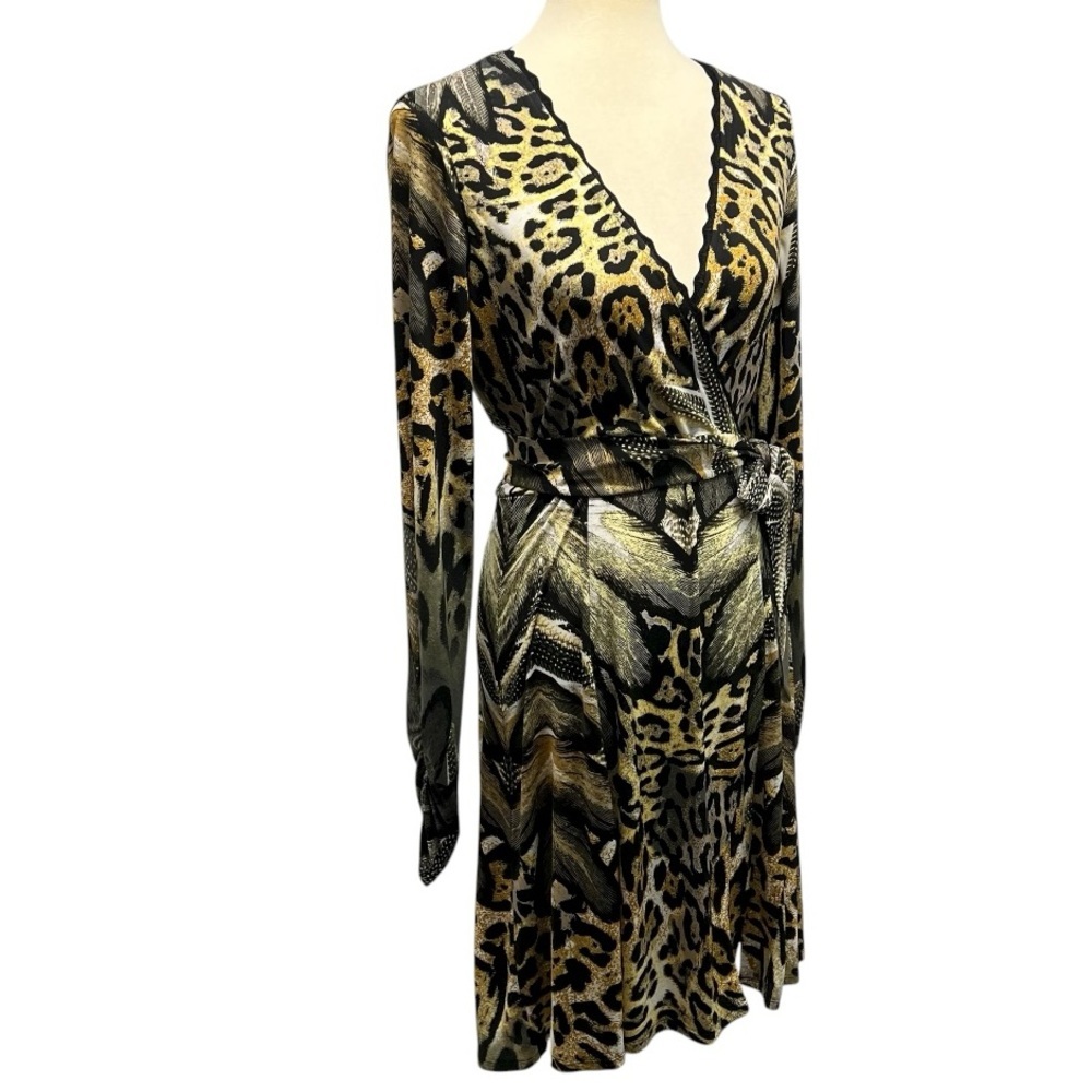 Hale Bob Animal Print Long Sleeve Faux Wrap Dress Women’s Medium - Picture 9 of 12